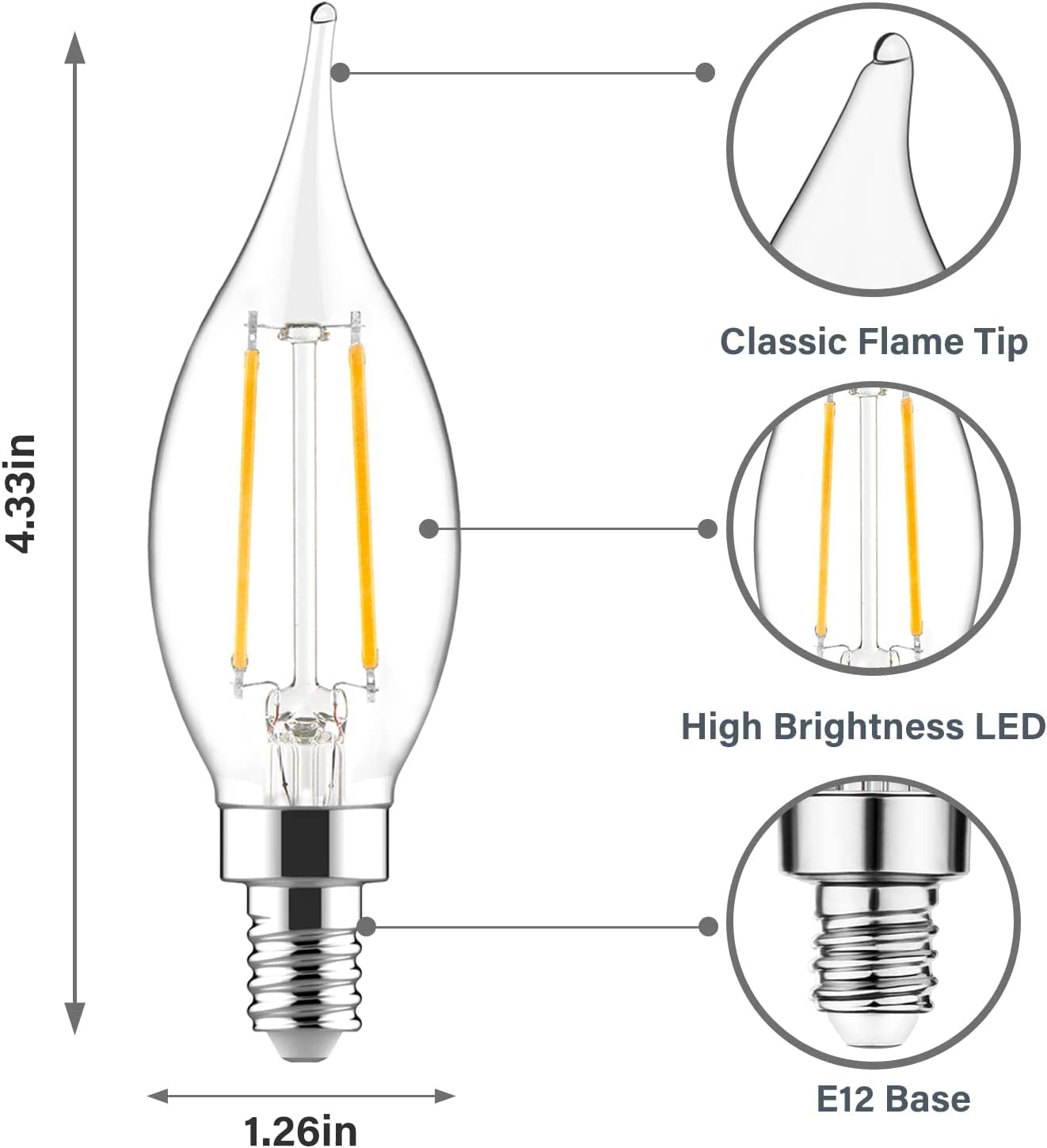 Sengled Candelabra LED Light Bulbs, Dimmable, 40W Equivalent, CA10 Flame Tip, 2700K Soft White, 24 Count, Glass