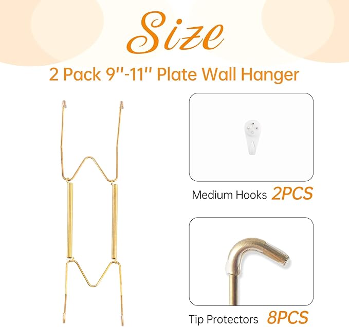 2 Pack Plate Hangers for The Wall, Suitable for 9-11 inch Art Plate, Stainless Steel Invisible Heavy Duty Wire Plate Holder with Wall Hooks, Plate Hangers for Displaying Plates, Platter, Dish, Gold