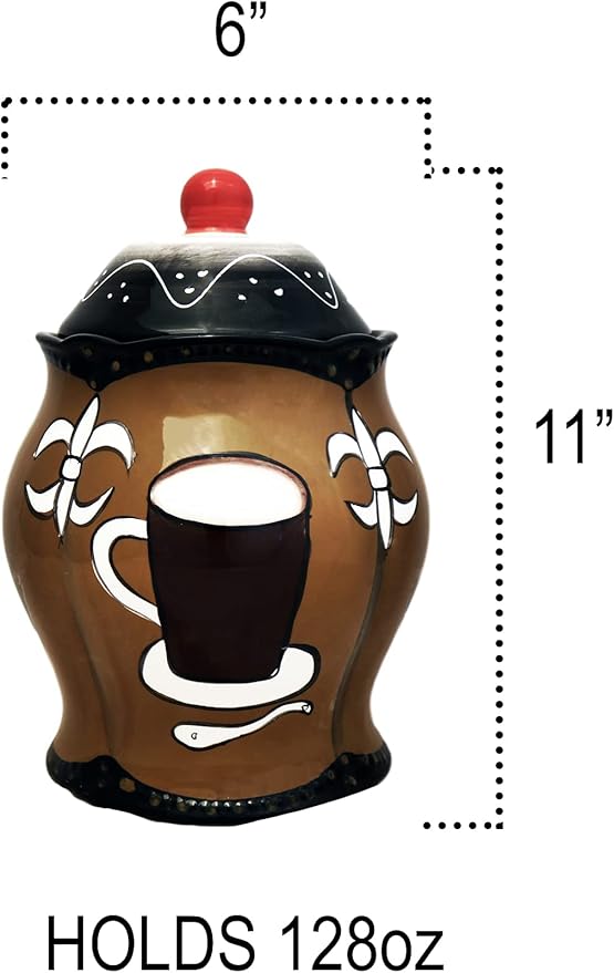 ACK Tuscany Hand Painted Fleur De Lis Coffee Design Collection Ceramic Cookie Jar with Lid, Food Storage Jar, Kitchen Décor, Snack Storage Container for Cookie, Candy