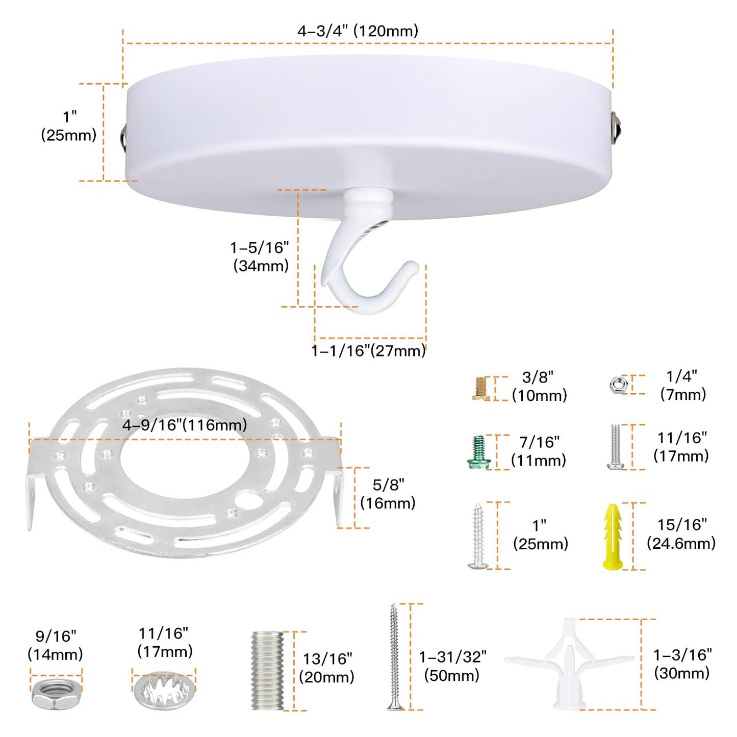 Helunsi Ceiling Canopy Kit - 4-3/4 White Aluminum Chandelier Plate, Rated 20Lbs, Includes Hook, Pack Of 1