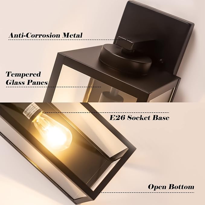 Outdoor Wall Light Fixture, Large 16" Exterior Black Lantern Waterproof, Farmhouse Porch Sconce Lighting with Glass, Modern Wall-Mounted Outside Lights for House, Garage, Patio Lamp