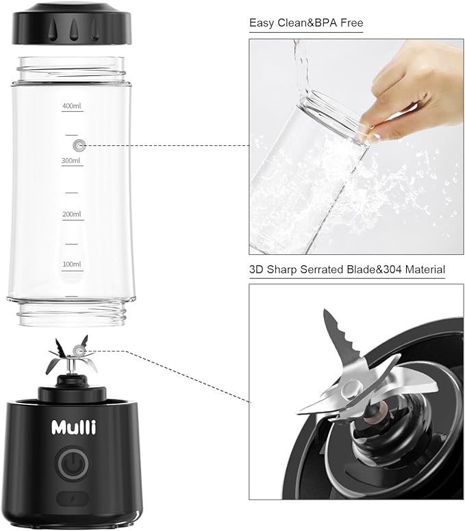 Mulli Portable Blender,USB Rechargeable Personal Mixer for Smoothie and Shakes, Mini Blender with Six Blades for Baby Food,Travel,Gym(Update)