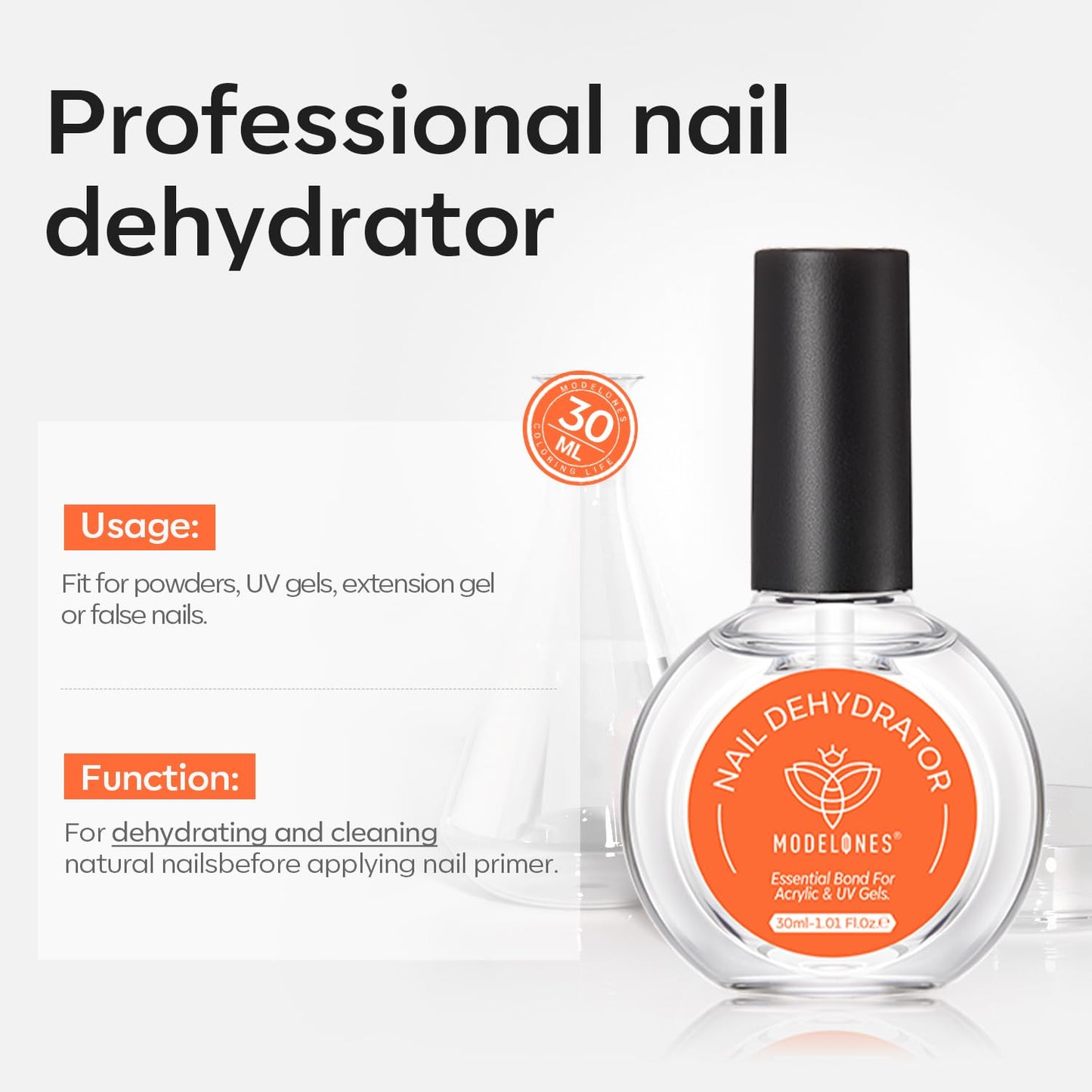 modelones Nail Dehydrator, 30 ml Nail Prep Dehydrator for Press Ons/Acrylic Nails/Gel Polish, Acid Free Natural Prep Dehydrate A