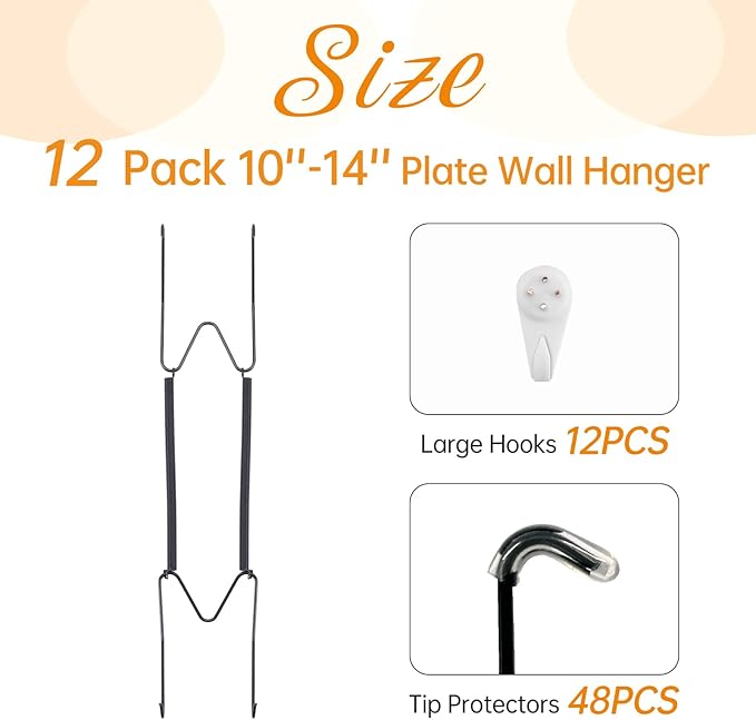 Bilillo 12 Pack Plate Hangers for The Wall, Suitable for 10''-14'' Decorative Plate,Invisible Heavy Duty Wire Plate Holder with Wall Hooks, Plate Hangers for Displaying Plates, Platter, Dish (Black)