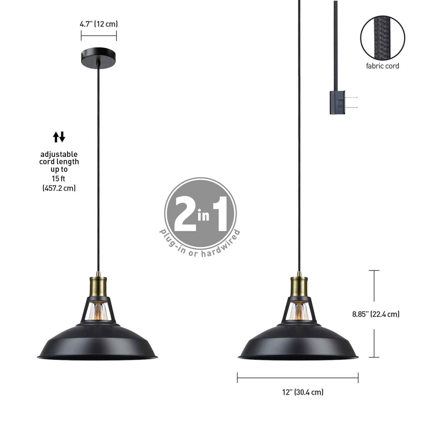 Globe Electric 65712 Robin 1-Light Plug-In Or Hardwire Pendant  Satin Black  Antique Brass Accents  15Ft Black Woven Fabric Cord  In-Line On/Off Rocker Switch