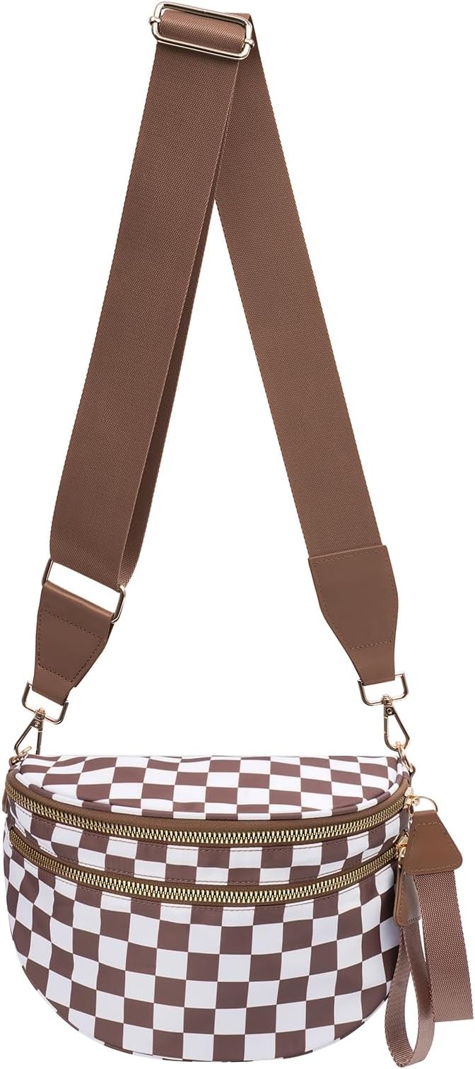 kuifang Checkered Bum Bag Crossbody Bag for Women, Spacious Purse Oversized Fanny Packs（Brown）