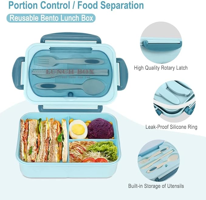 Bento Box for Adult, 1200 ML Lunch Containers for Adults, LeakProof Lunch Box with Utensils, BPA Free, 3 Compartment Bento Box Microwave Safe