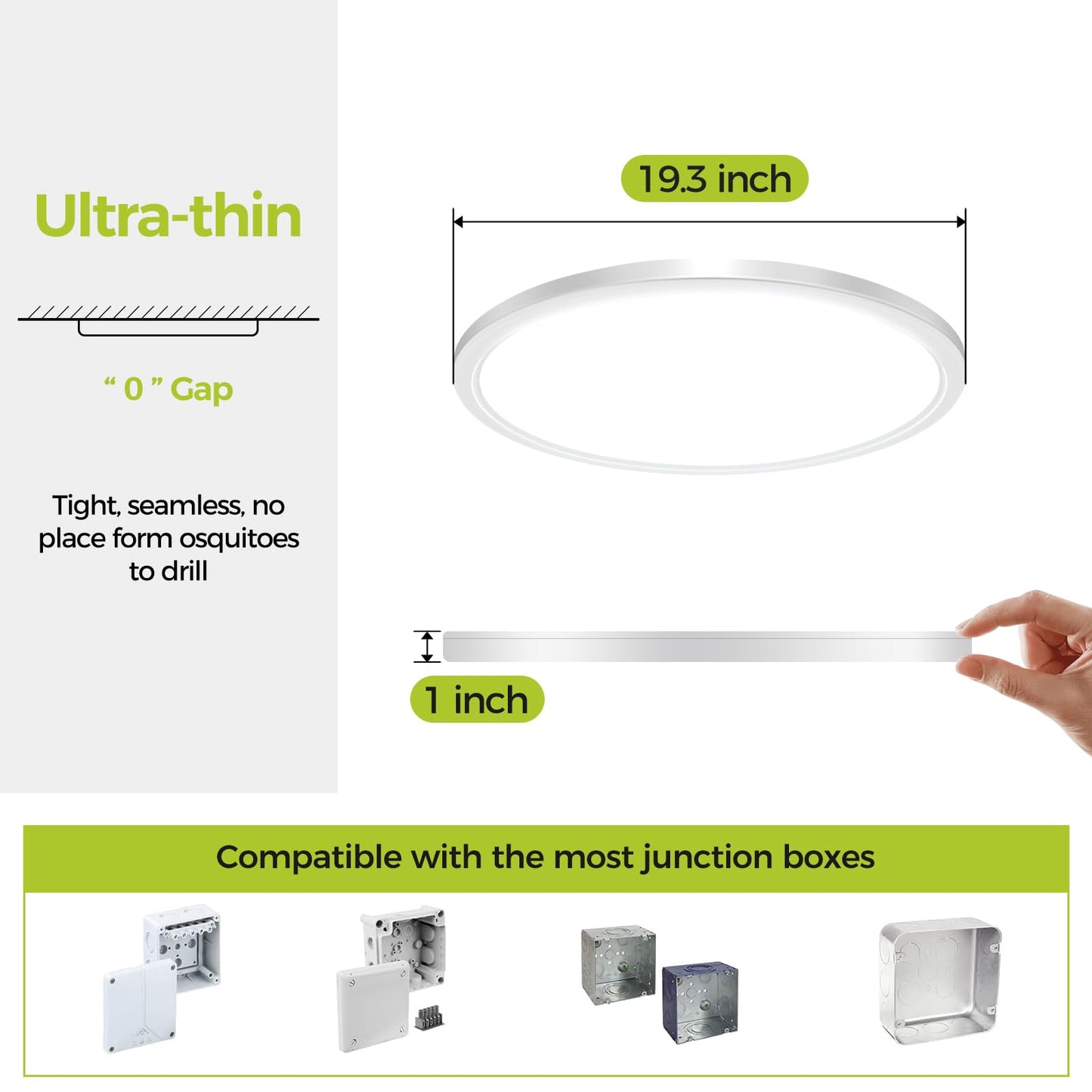 Hepside 20Inch Flush Mount LED Ceiling Light Fixture, 45W, 4500LM, Dimmable, 3 Color Selectable, White, Plastic