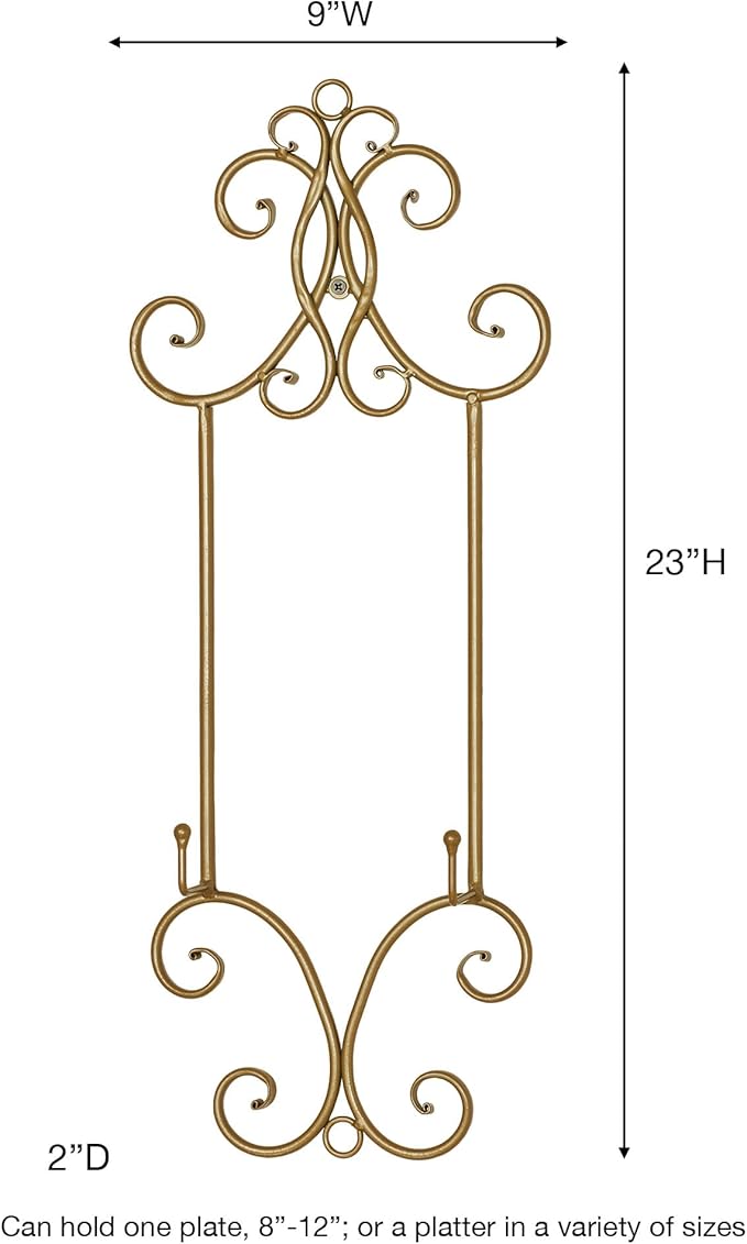 Kanya Gold Single Wall Mount Plate Rack | One Plate Decorative Holder | Plate Display Easel | Openwork Scrolls | Traditional Classic Metal Plate Racks | Platter or Plate Stand | Kitchen | Dining Room