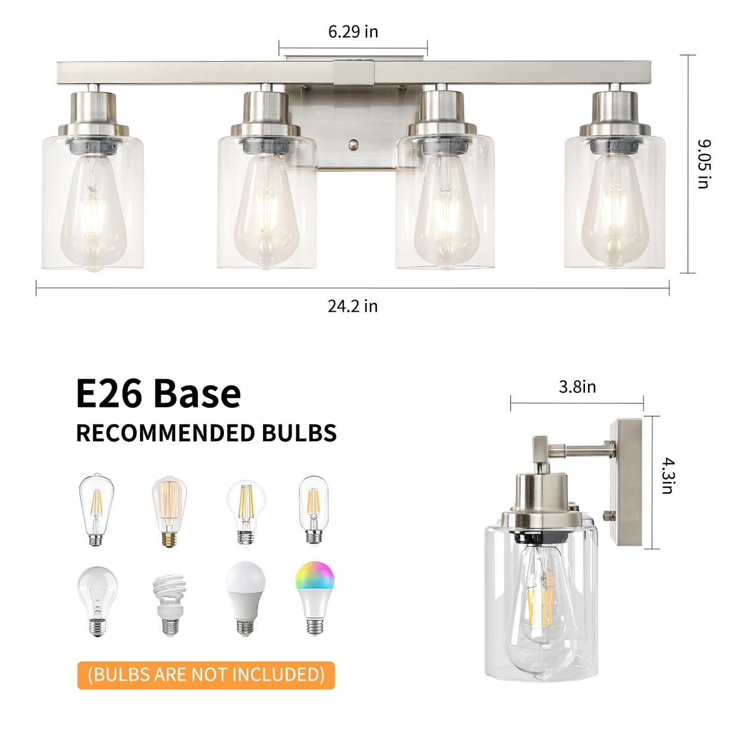 DIKAIDA Bathroom Vanity Light, 4-Light Nickel Modern Matte Wall Sconce Lighting with Clear Glass Shade, Wall Lights,Bath Vintage Wall Mounted Lamps for Mirror Bedroom Living Room