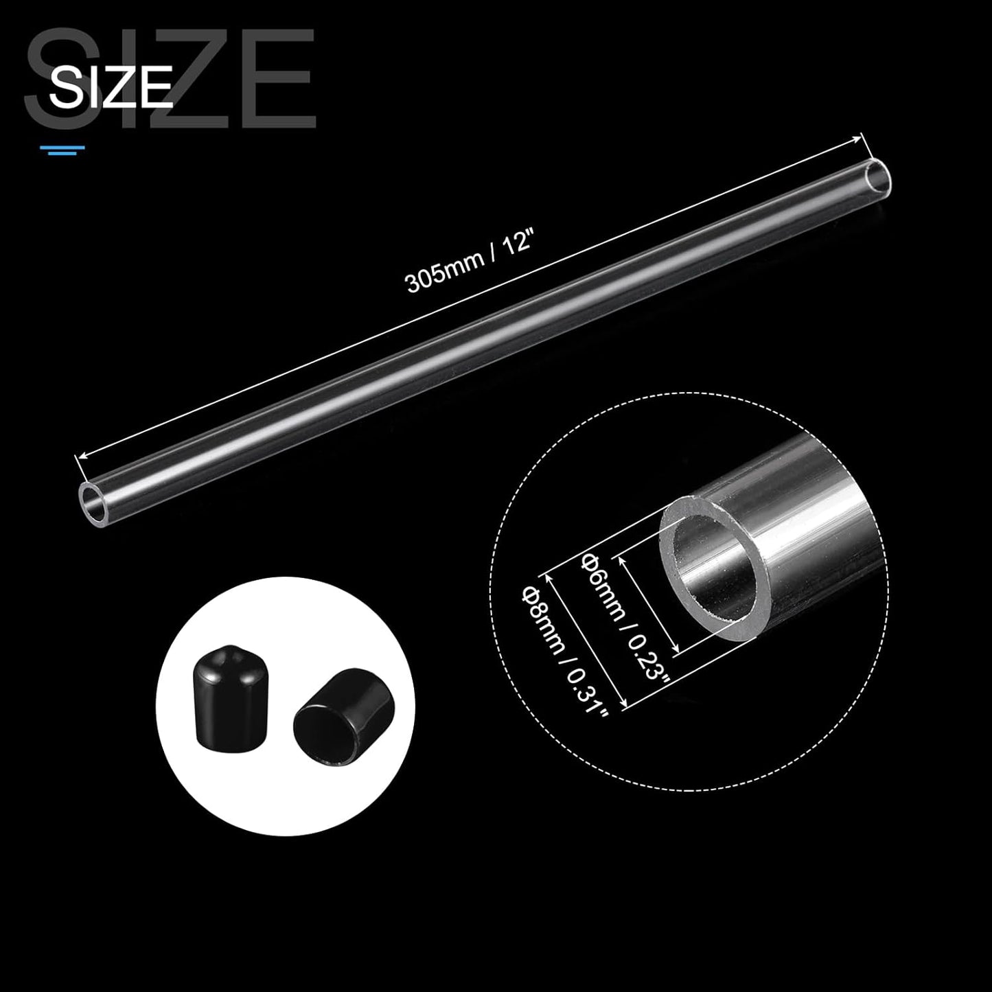 PATIKIL Clear Rigid Tube Round Plastic Tubing with Black Rubber Caps Polycarbonate Water Pipe, 305mm/ 12 Inch Length, 6mmx8mm/0.23"x0.31", 2 Set