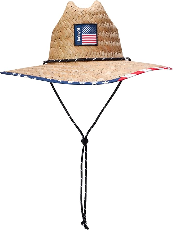 Hurley Men's Straw Hat - Wide Brim Channel Island Lifeguard Hat - Stylish Sun Hats for Men with Chin Strap