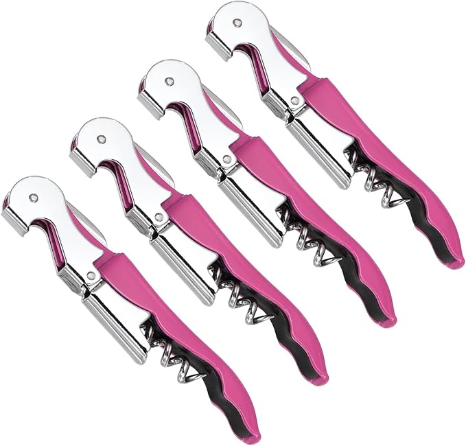uxcell 4 Pcs 4.8" Stainless Steel Wine Opener, Waiter Corkscrew Professional Wine Key Bottle Opener with Double Hinged Foil Cutter for Bar Servers Waiter Bartender and Home, Pink