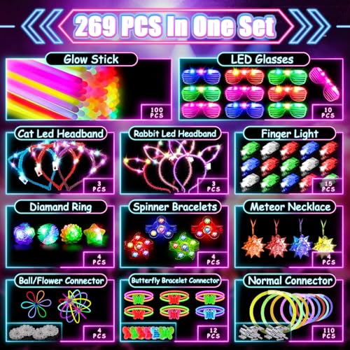 MIBOTE 269Pcs Led Light Up Toys Party Favors Glow in the Dark Party Supplies for Kid/Adults Halloween with Light Up Glasse...