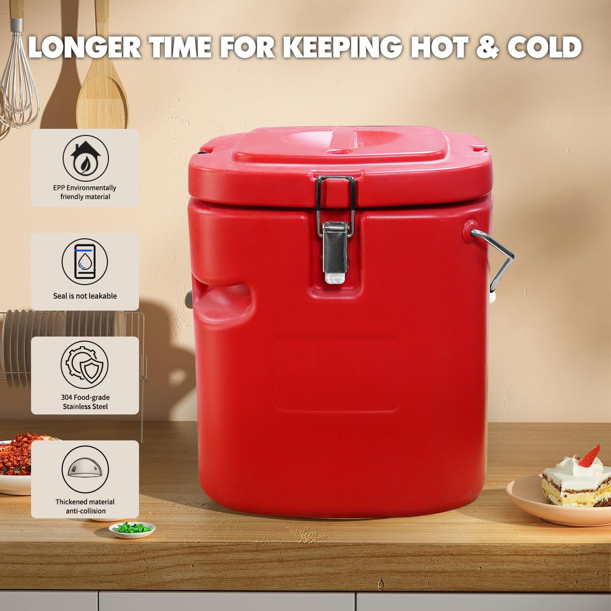 2pcs Insulated Soup Container Commercial Food Warmer for Hot or Cold Food, 2.5 Gallon Hot Box for Catering, Food Cooler with 4 Buckles, Handles, Soup Carrier for Restaurant, Canteen, Home