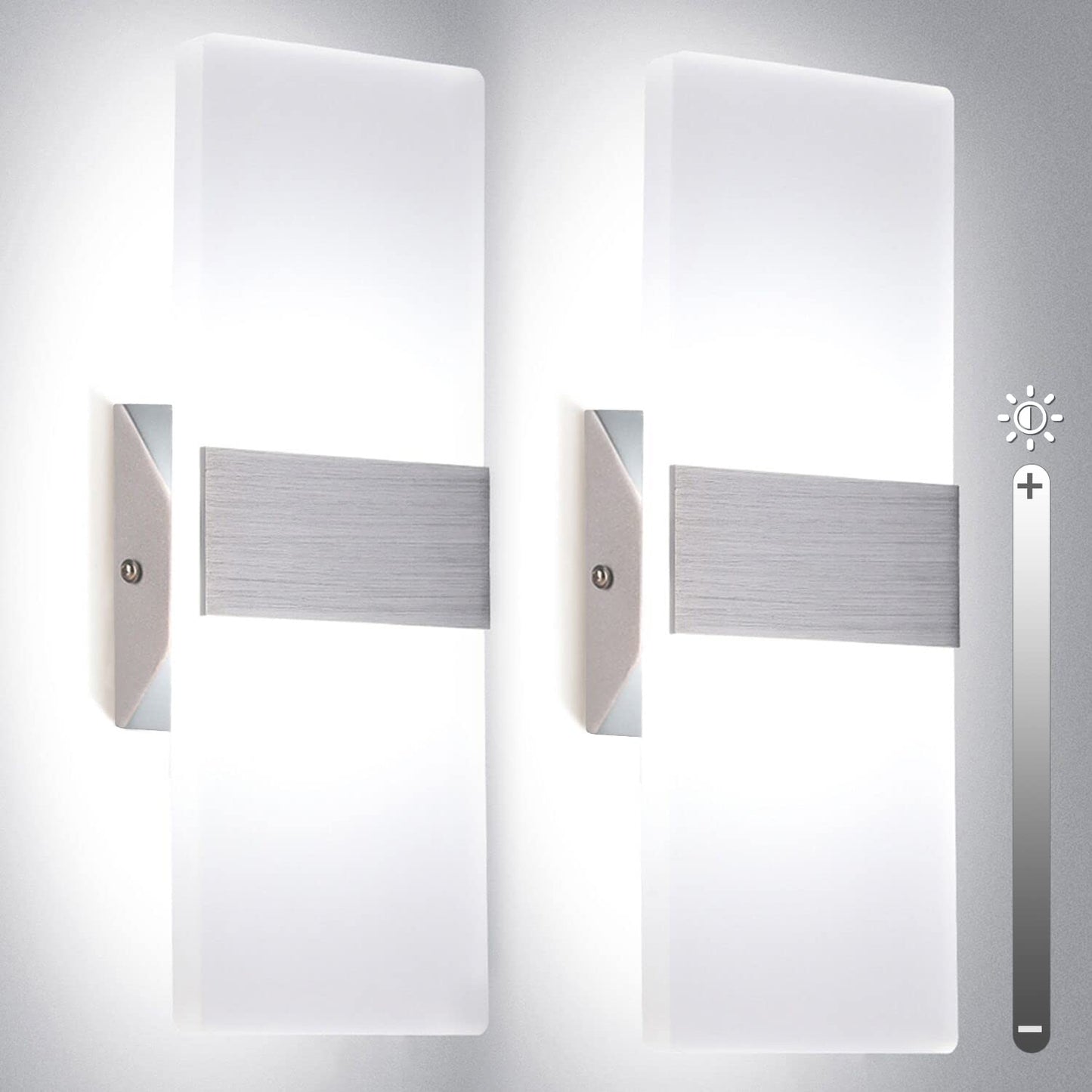 Trlife Modern Wall Sconces Set Of 2, Dimmable 12W 6000K Cool White Hardwired Lighting, Silver Brushed Aluminum For Bedroom & Living Room