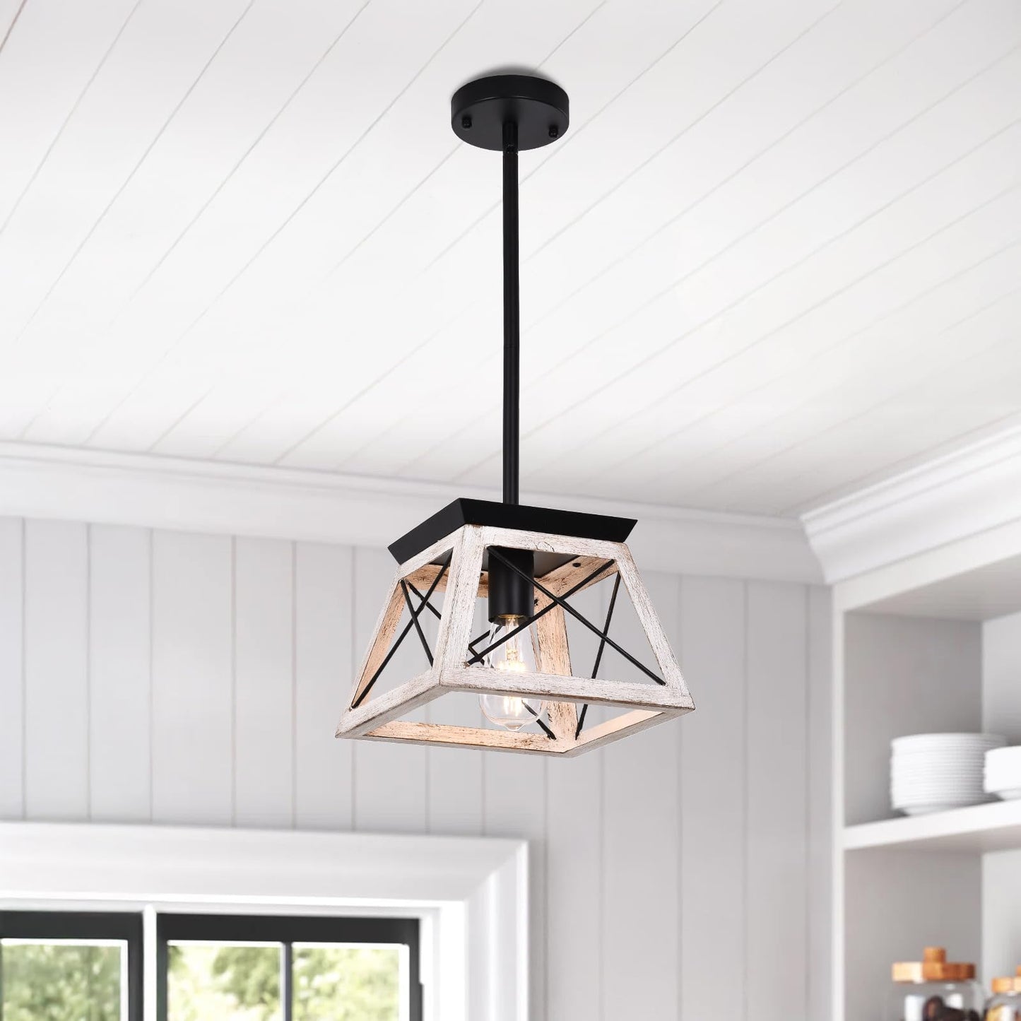 Luupyia Farmhouse Pendant Light Fixture, Adjustable Height, Metal, Beige, Model M07, Small Square Chandelier for Dining Room, Entryway
