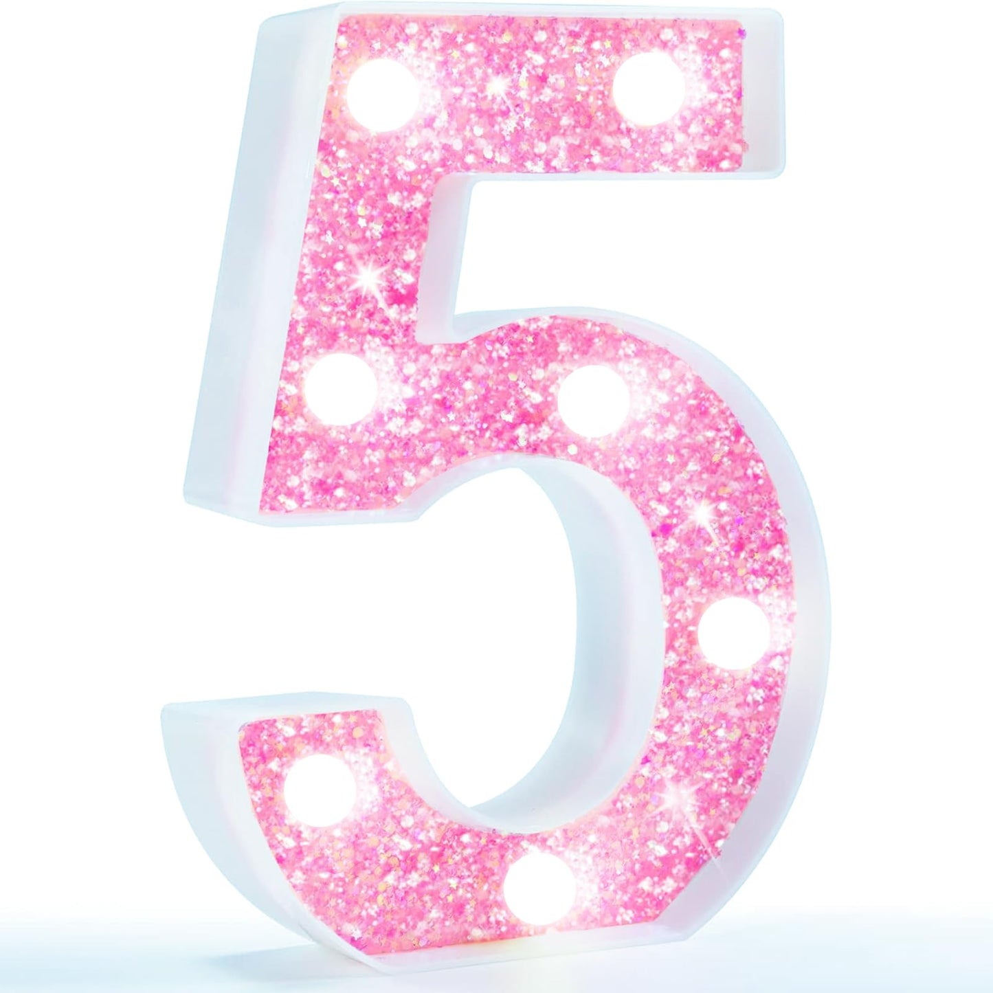 Pooqla Marquee Number Lights  Pink Light Up Numbers For Girls 5Th Birthday  Battery Powered Glitter Number Night Light Gift For Wedding Christmas Bedroom Dorm Party Decoration  Cool White Number 5