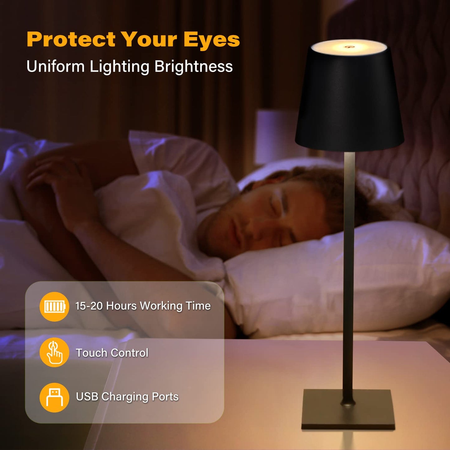 CHLORANTHUS LED Table Lamp, Cordless, Stepless Dimming, 14.96 IN x 4.13 IN, Rechargeable, Black