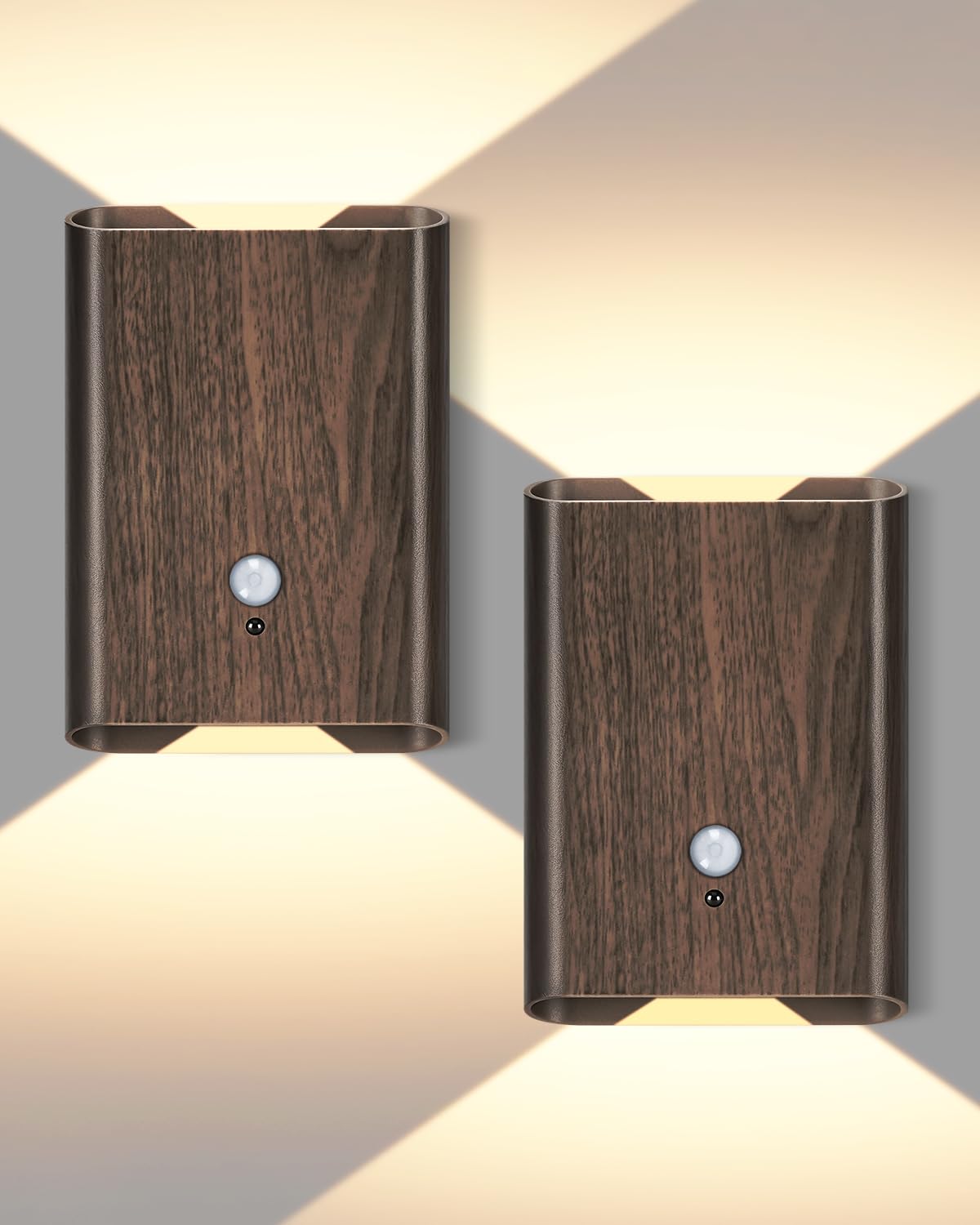 Fizrice Motion Sensor Wall Lights Wood - Decor Light Battery Operated Led Light Indoor Set Of 2 Rechargeable Light Easy Installation  Gifts For Tenant New Home Apartment Rv(Wood 2Pcs)