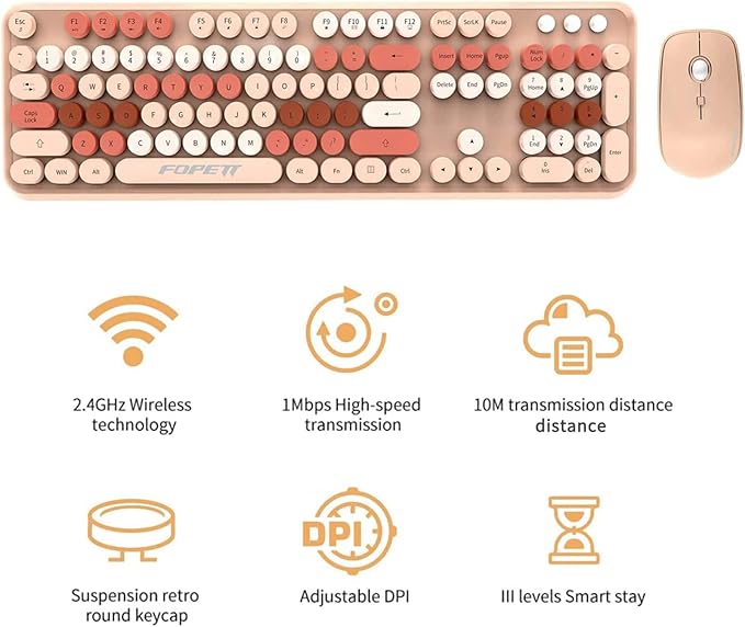 FD Wireless Keyboard and Mouse Combo | Cute Colorful Keyboard and Mouse with 2.4GHz Cordless Retro Typewriter Keyboard | Auto-Sleep | USB Receiver for Windows PC/Laptop - Creamy Colorful