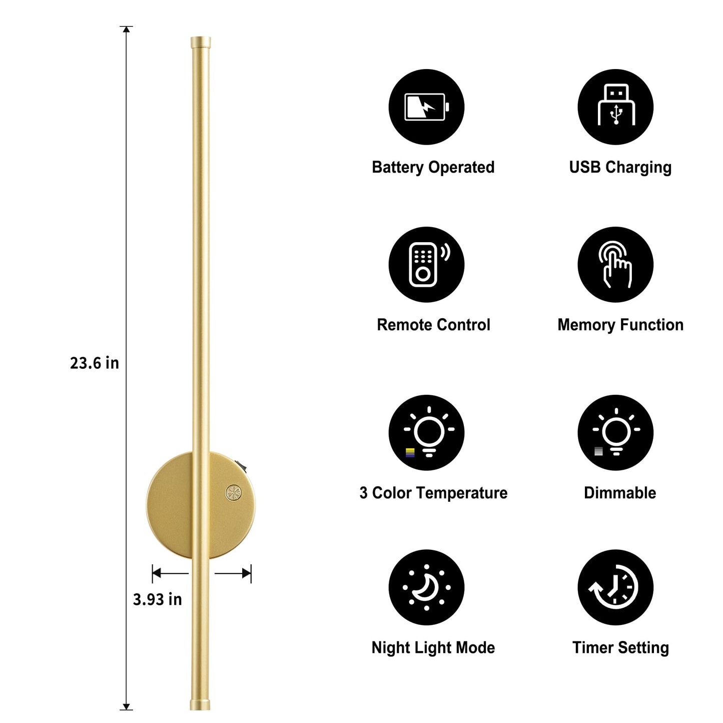 Motion Sensor Battery Operated Wall Sconce Set Of Two - Modern Rechargeable Wireless Wall Lights With Remote Control  Dimmable  3000K/4000K/6000K  Timer For Living Room  Hallway 23.6 Inch  Gold