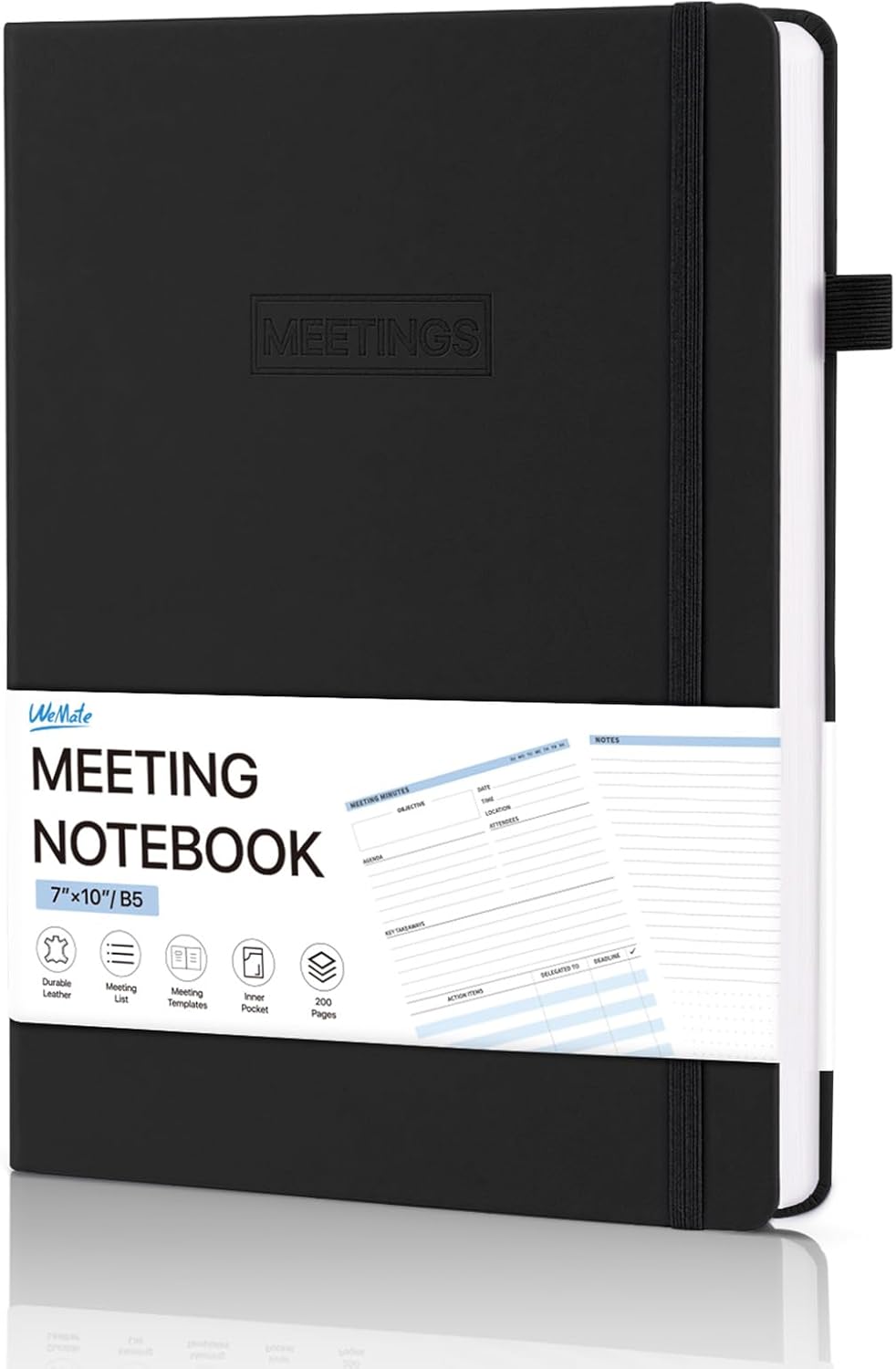 WEMATE Meeting Notebook for Work, Work Planner Notebook With Action Items, B5 Size Project Planner, Easily Take Meeting Notes & Keep Agendas on Track, Calender, Index Page, Inner Pocket, 7×10 Inch, Black
