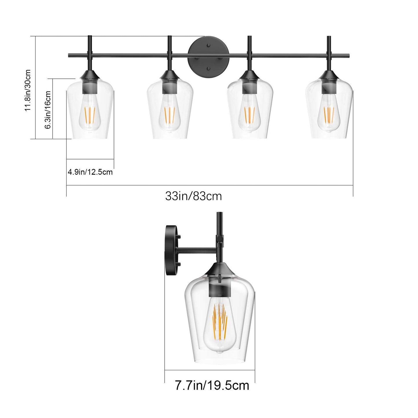 Ralbay 4-Light Vintage Bathroom Vanity Lighting, Industrial Matte Black Finish, Clear Glass Sconce, Model 2031, Farmhouse Style