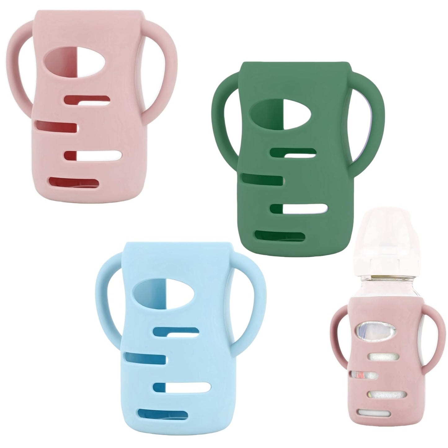 Frezonika 3 Pack Silicone Sleeves Compatible with Dr Brown Wide-Neck Glass Baby Bottles 9OZ/270mL, 100% Silicone Handles for Sippy Cups for Toddlers 1-3, Anti Breakage (Pink+Blue+Green, 9 OZ)