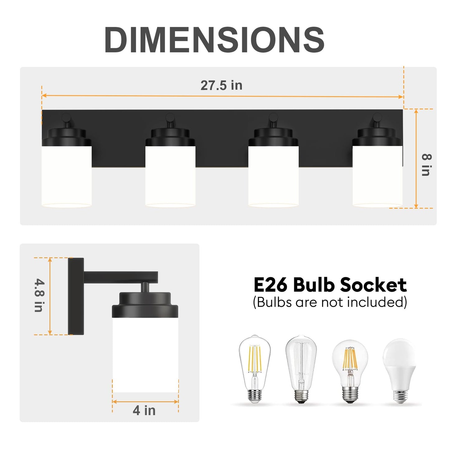 Izorro Bathroom Vanity Light Fixture  4-Light 27.5 Inch Matte Black Bathroom Light Fixtures Over Mirror  With White Glass Shade  Modern Farmhouse Vanity Lights  Rustic Restroom Lighting Fixtures