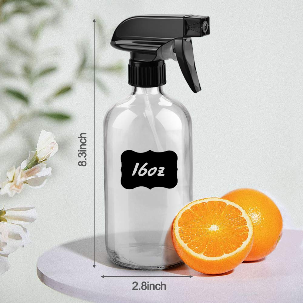 Glass Spray Bottles, 16oz Clear Glass Spray Bottles with Labels & Adjustable Nozzle, Reusable Containers for Cleaning, BBQ, Food, Plants, Alcohol, Essential Oils(3 Pack)