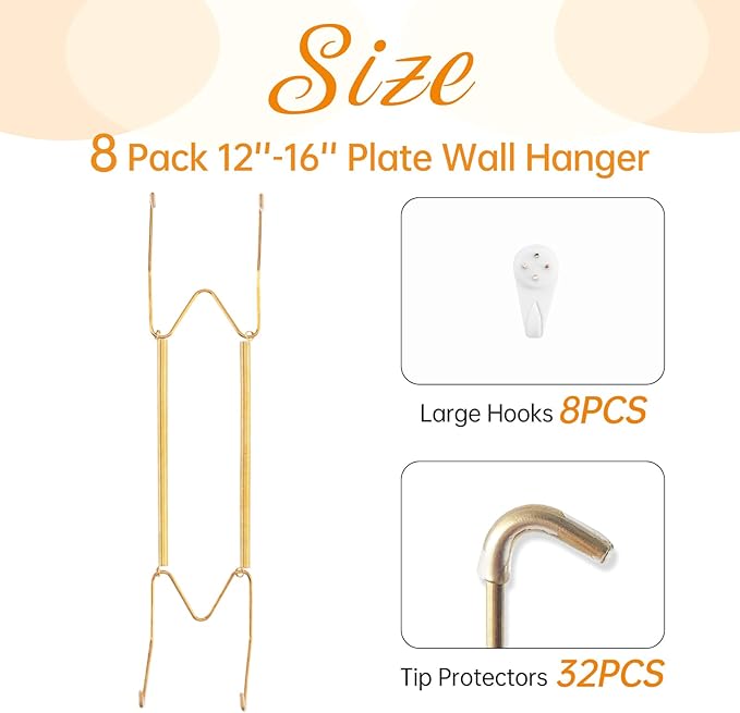 Bilillo 8 Pack Plate Hangers for the Wall, Suitable for 12-16 inch Art Plate, Stainless Steel Invisible Heavy Duty Wire Plate Holder with Wall Hooks, Plate Hangers for Displaying Plates, Platter, Dish