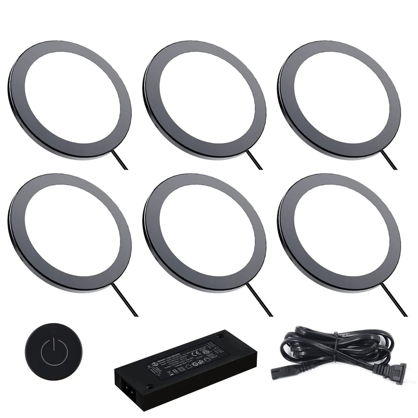 Vst Under Cabinet Mini Panel Lighting 6Pcs 3.94 12V 2.5W With Wireless Dimmer, Round Black, Aluminum, Model Pl07