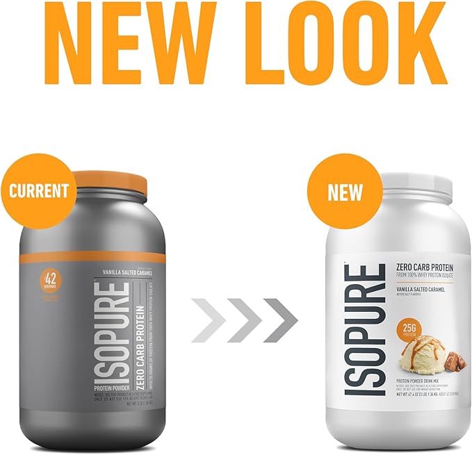Isopure Zero Carb 100% Pure Whey Isolate Protein Powder, Lactose Free, Gluten Free, With Vitamins, Vanilla Salted Caramel, 25g Protein Per Serving, 3 Lbs, 42 Servings (Packaging May Vary)