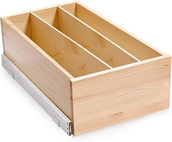 Pull Out Cabinet Organizer with Divider, 13''W×21''D×7''H Soft Close Wood Drawer for Kitchen Pantry, Finished, Heavy-Duty, Bottom Assembly (Wood Drawer Part Width is 12'')