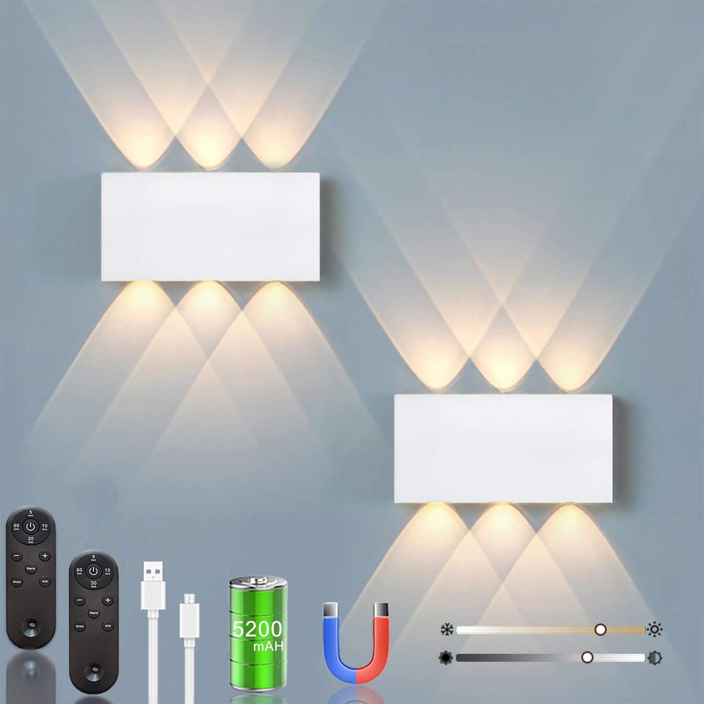 Shelprojsu LED Cordless Wall Sconce Set of 2, Rechargeable, Remote Control, Dimmable, White, Model WA807