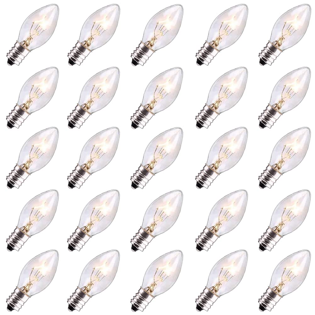 Abeja 25 Pack C7 Christmas Replacement Clear Bulbs C7/E12 Incandescent Light Bulbs For Christmas Tree Lights Set Indoor/Outdoor Party Decor  5W
