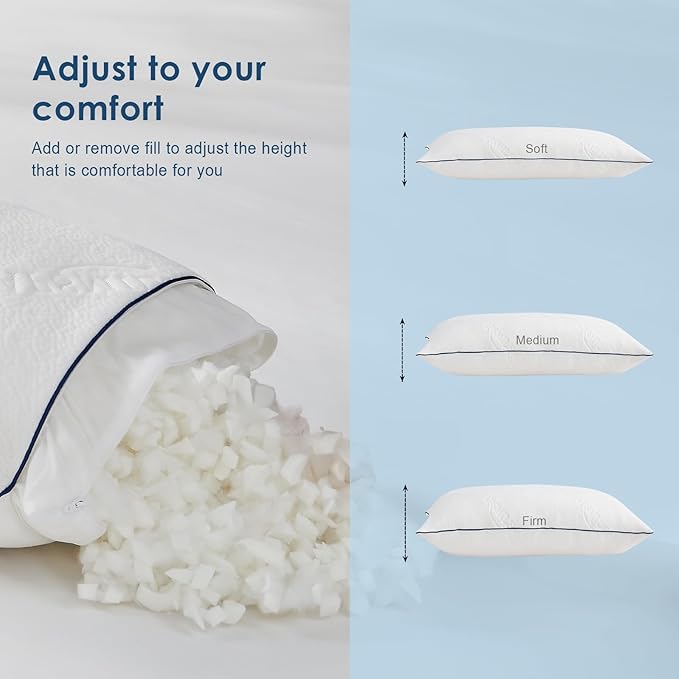 APSMILE Adjustable Shredded Memory Foam Pillows, Luxury Cooling Pillows for Neck Pain, Hotel Bed Pillows for Sleeping, Essentials King Size Pillows for Side/Back Sleeper (White,18"x34")