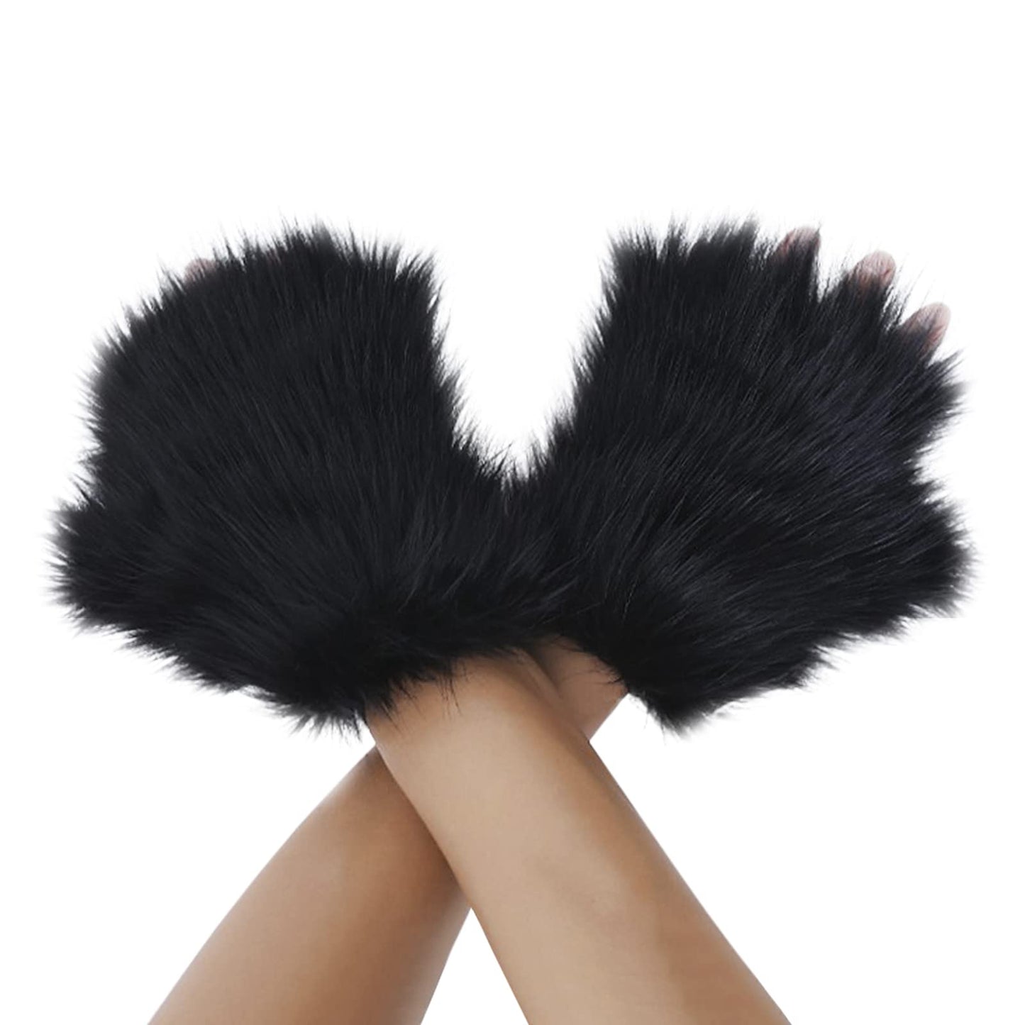 Fuzzy Faux Fur Paw Gloves, Women Men Halloween Costume Bear Cat Claw Mittens Cosplay Party Wolf Dog Paw Gloves Dress Up Props Winter Thick Warm Plush Half Finger Mitts Hand Warmer Black