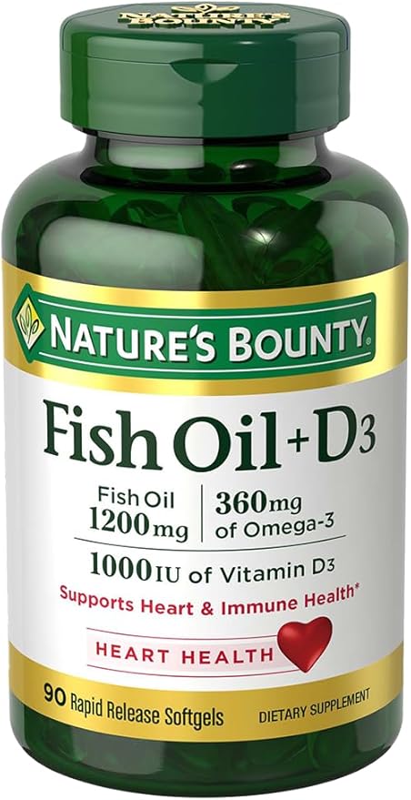 Nature's Bounty Fish Oil plus Vitamin D3, 360mg Omega 3, Supports Immune & Heart Health, 1200mg Fish Oil with 1000IU Vitamin D3, 90 Softgels