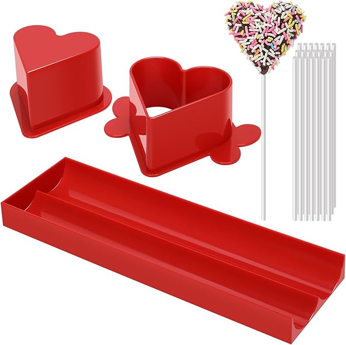 Heart Cake Pop Mold Set with 9 Inch Tray and Sticks, Circle Cake Pop Cutter and Pusher, Baking Molds Kit for Parties, Wedding,Home Desserts Making - Red