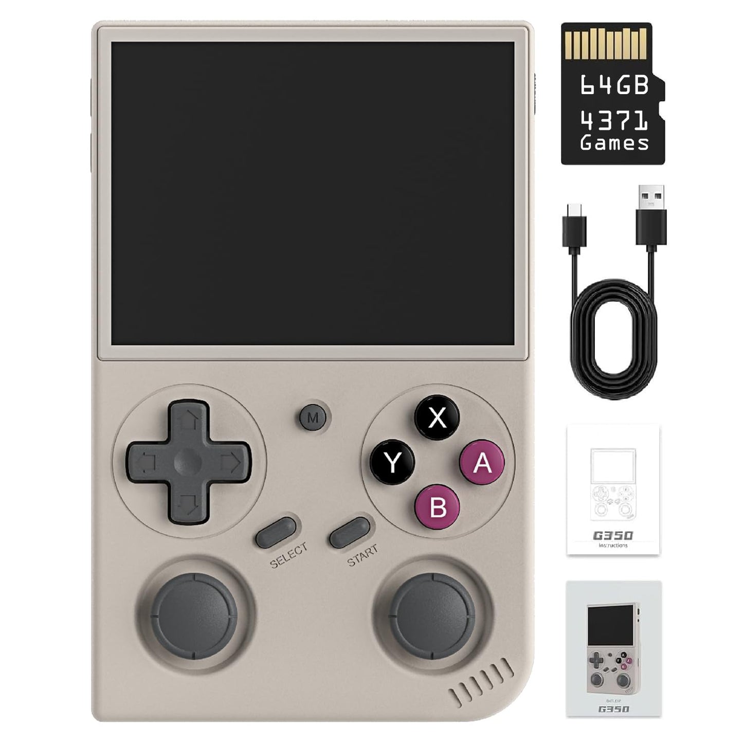 G350 Retro Handheld Game Console , Preload 4371 Games 3.5 Inch IPS Screen 3200 mAh Battery Linux System Portable Video Games Console Support Controller and Earphone (Gray)