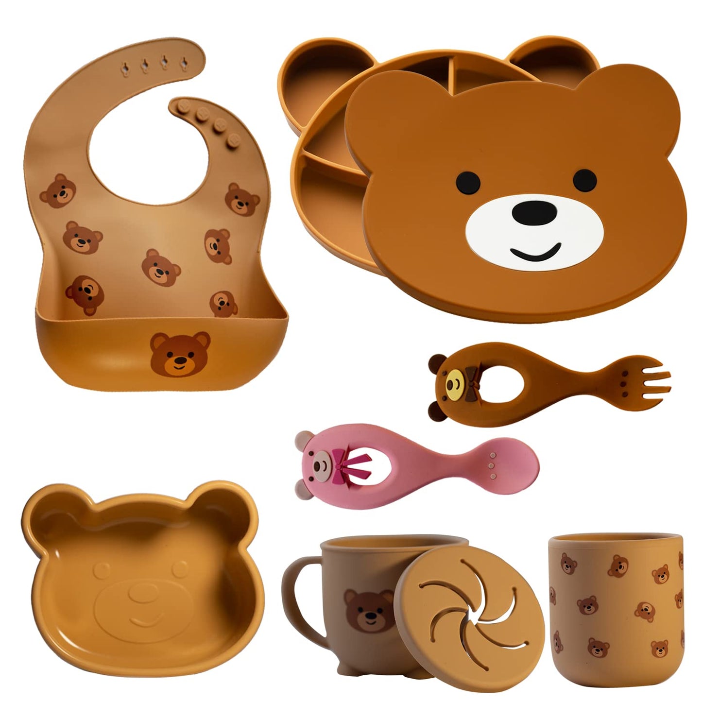 Neverland Creations Silicone Baby Feeding Set - 7 Piece - Baby Led Weaning Supplies - Suction Bowl, Divided Plate, Adjustable Bib, Snackcup, Cup, Eating Utensils and Baby Dishes for 6+ Months