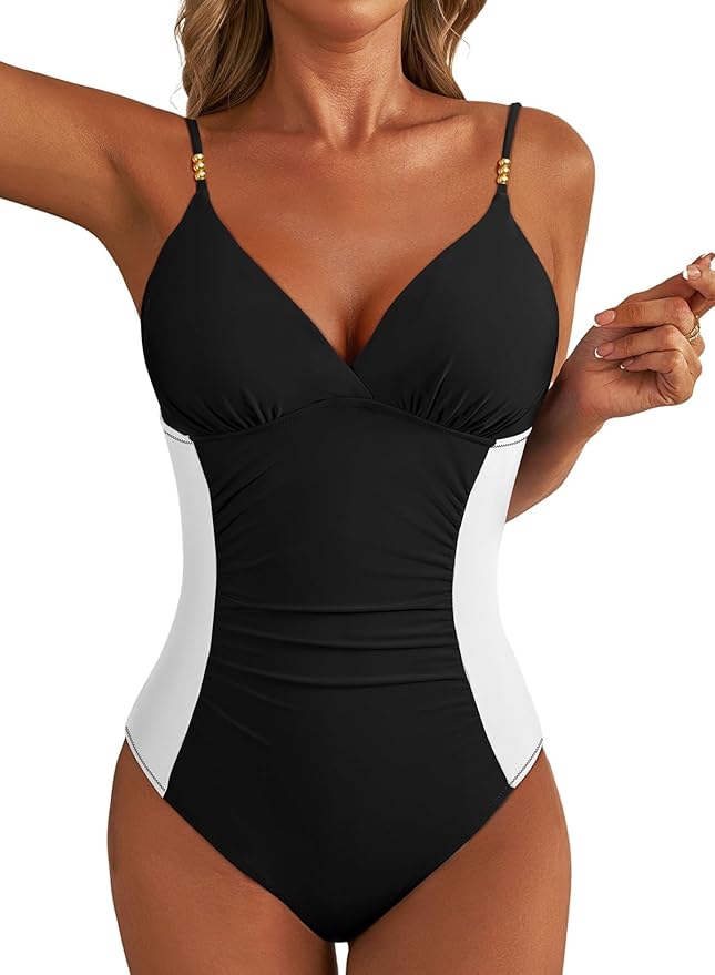 Aleumdr Women One Piece Swimsuit Tummy Control V Neck Ruched Bathing Suit Push Up Gold Metal Modest Slimming Swimwear