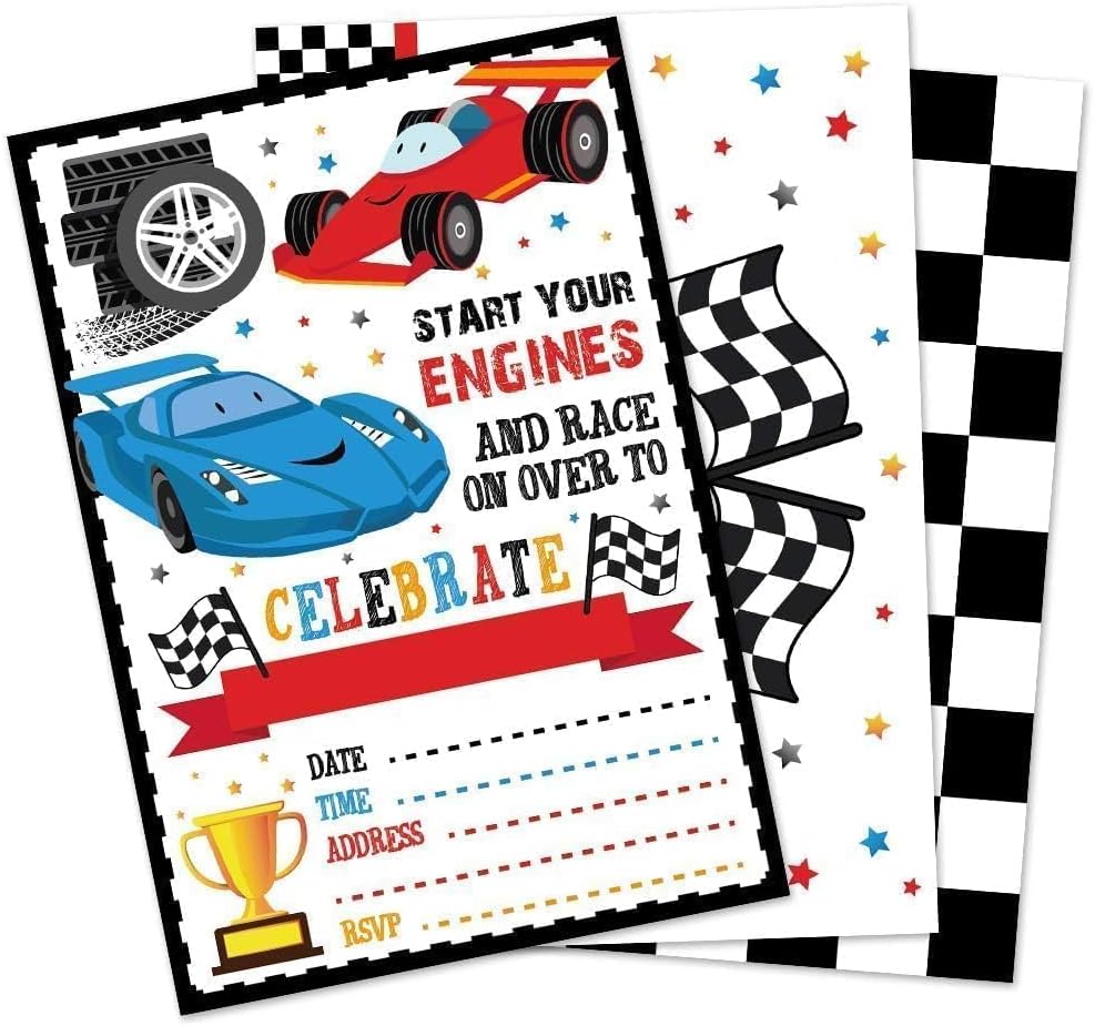 WERNNSAI 20 Count Racing Car Party Invitation - Race Car Birthday Invitation with Envelopes for Boys Kid Cars Party Supplies Racing Birthday Invite Cards Fill-in Style for Baby Shower Graduation Favor