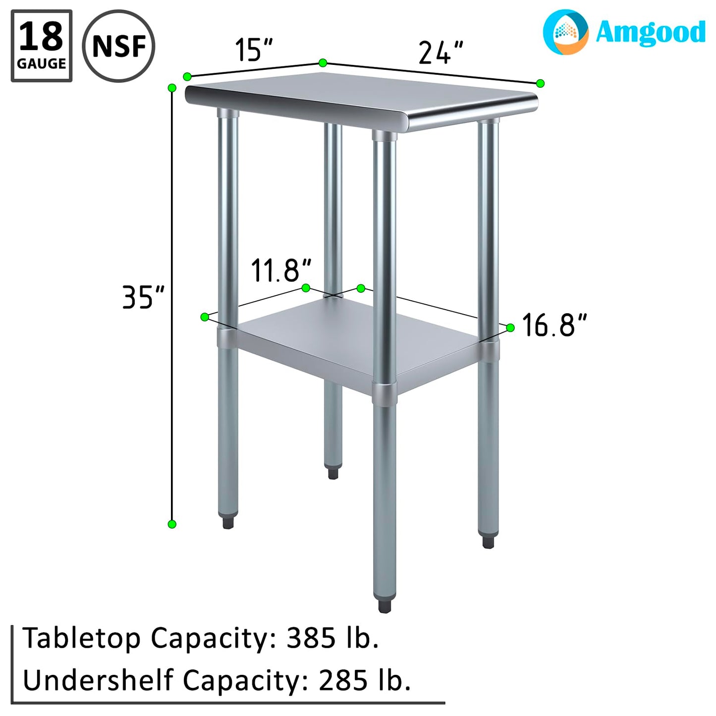AmGood 24 in. x 15 in. Stainless Steel Work Table with Wheels | Metal Kitchen Food Prep Table | NSF