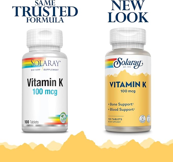 Solaray Vitamin K-1 100mcg | Healthy Bone Structure, Blood Clotting, Protein Synthesis Support | Non-GMO, Vegan & Lab Verified | 100 Tablets