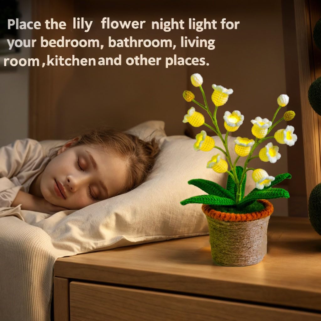 Lily Of The Valley Lamp - Handmade Crochet Flower Bedside Table Lamps With 14 Night Light Cute Gifts For Women Birthday Christmas Valentine MotherS Day Desk Home Office Bedroom Decor