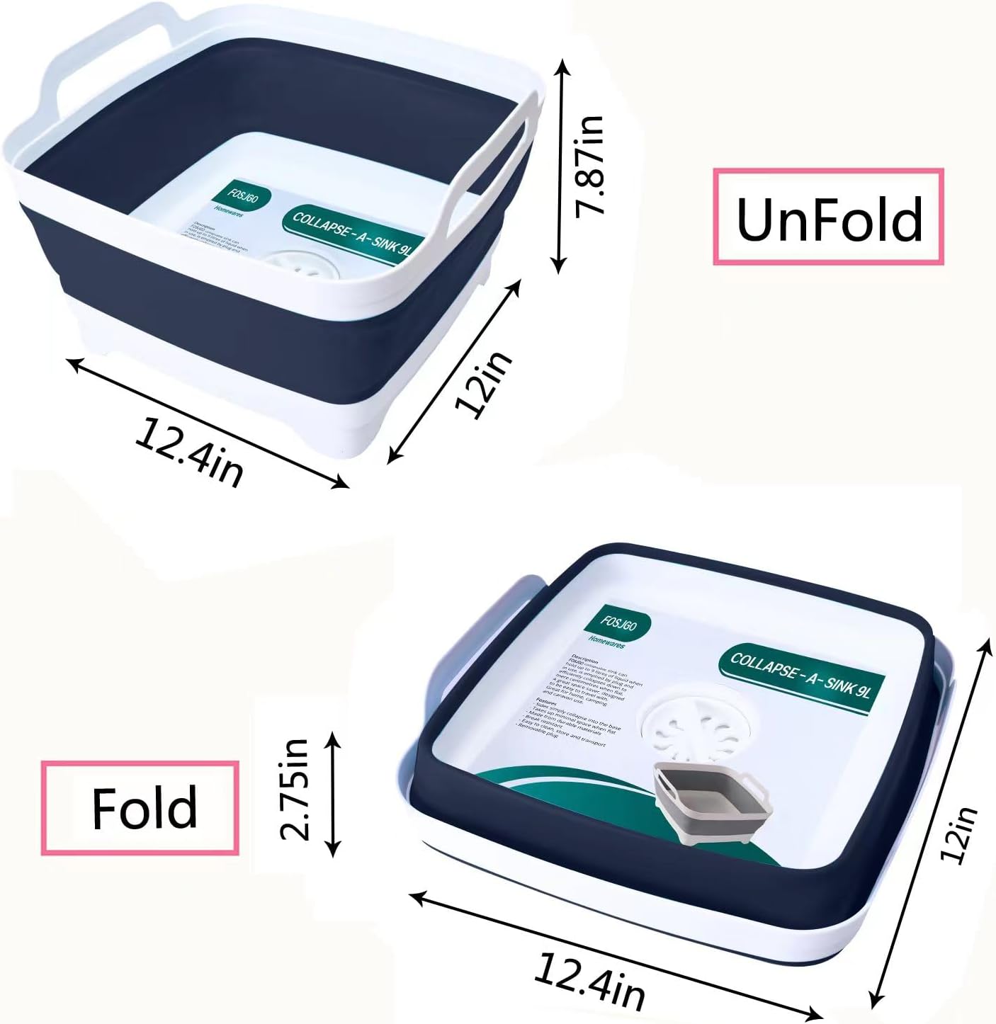 2.4 Gal(9L) Collapsible Dish Basin with Drain Plug,Space Saving Multiuse Foldable Sink Tub,Dishpan,Kitchen Sink for Camping,Plastic Tub,Vegetable Washing,RV