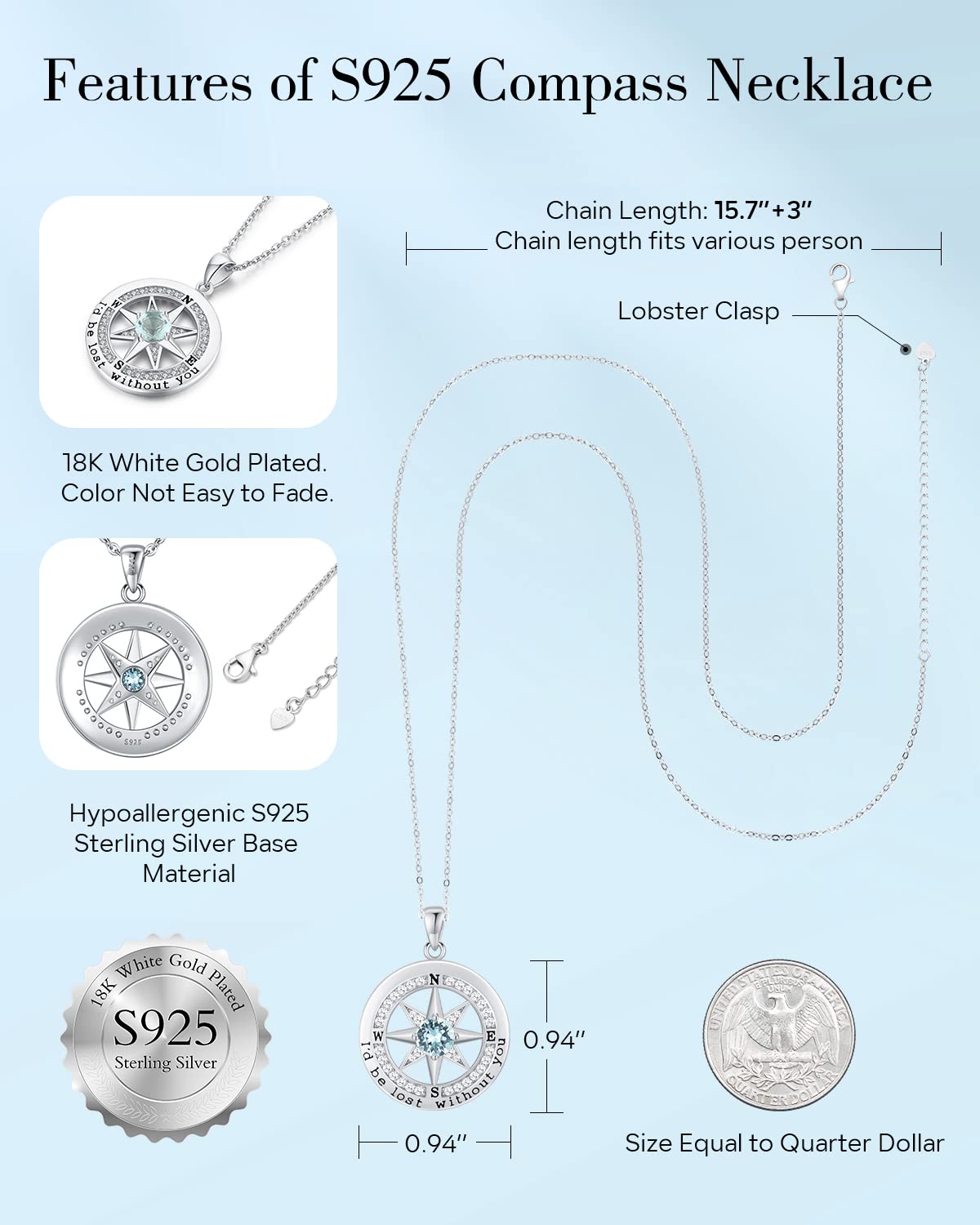 S925 Sterling Silver Necklace for Wife, Anniversary Year Gifts for Wife Compass Jewelry, Birthday Gift Ideas for Her Girlfriend